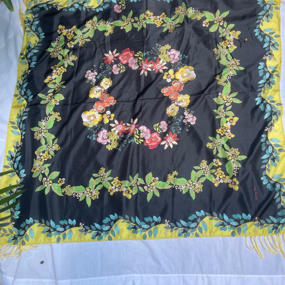 Johnny Was Black Floral Scarf silk fringe 44” X 44”